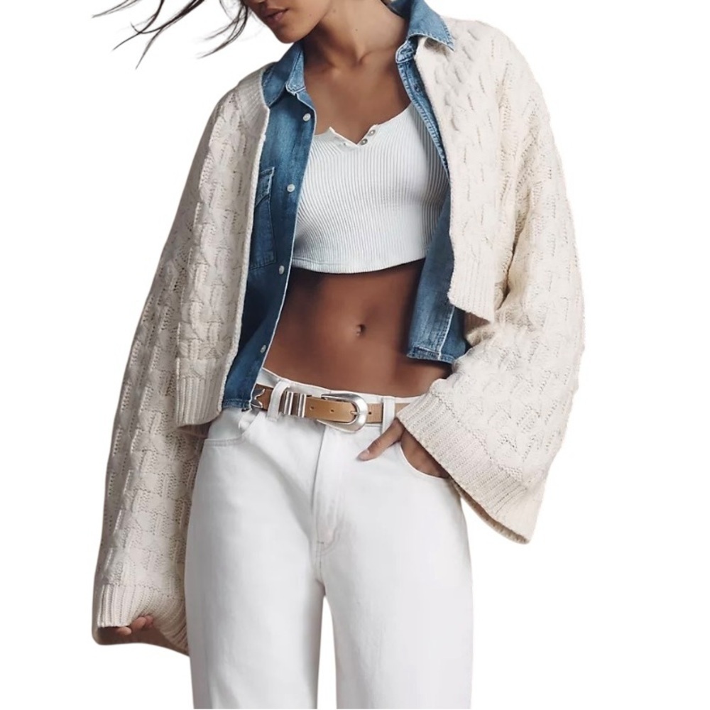 Anthropologie | NWT Cream Cropped Cable  Knit Cardigan Sweater | ONE SIZE - Picture 4 of 13